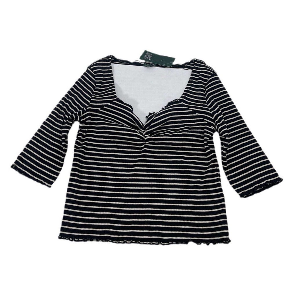 Wild Fable Ribbed Top 3/4 Sleeve Sweetheart Neckline LRG Blk/White NEW CropTop?